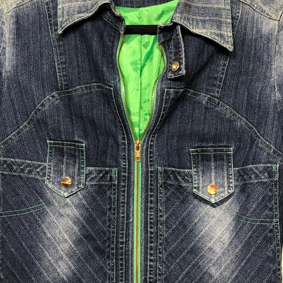 Givh Shyh Jean Jacket Zip Blue Neon Green Size M - Picture 7 of 8